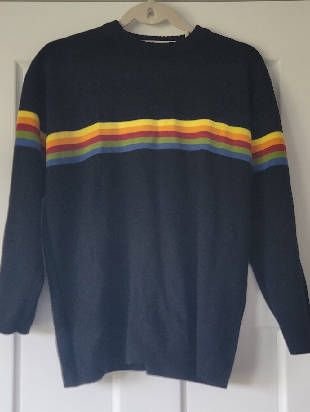 Vintage UNIONBAY Black Crewneck Sweater with Rainbow Chest Stripe